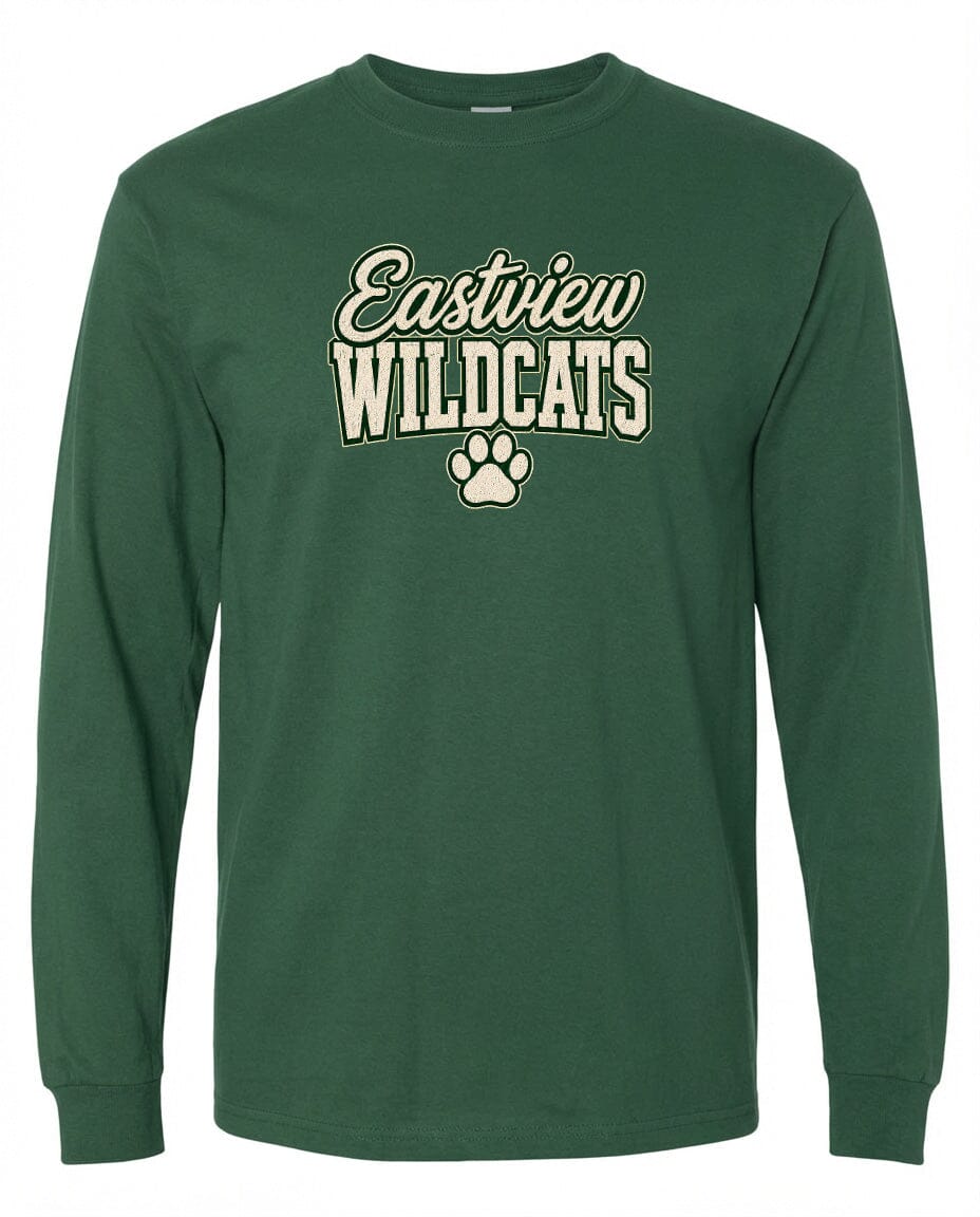 A green long-sleeved t-shirt with the text "Eastview Wildcats" printed on it.