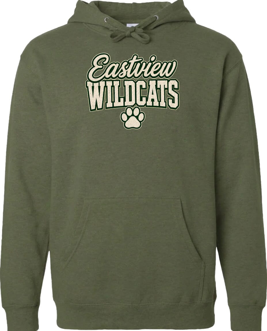 A green hoodie with the text "Eastview Wildcats" printed on it.