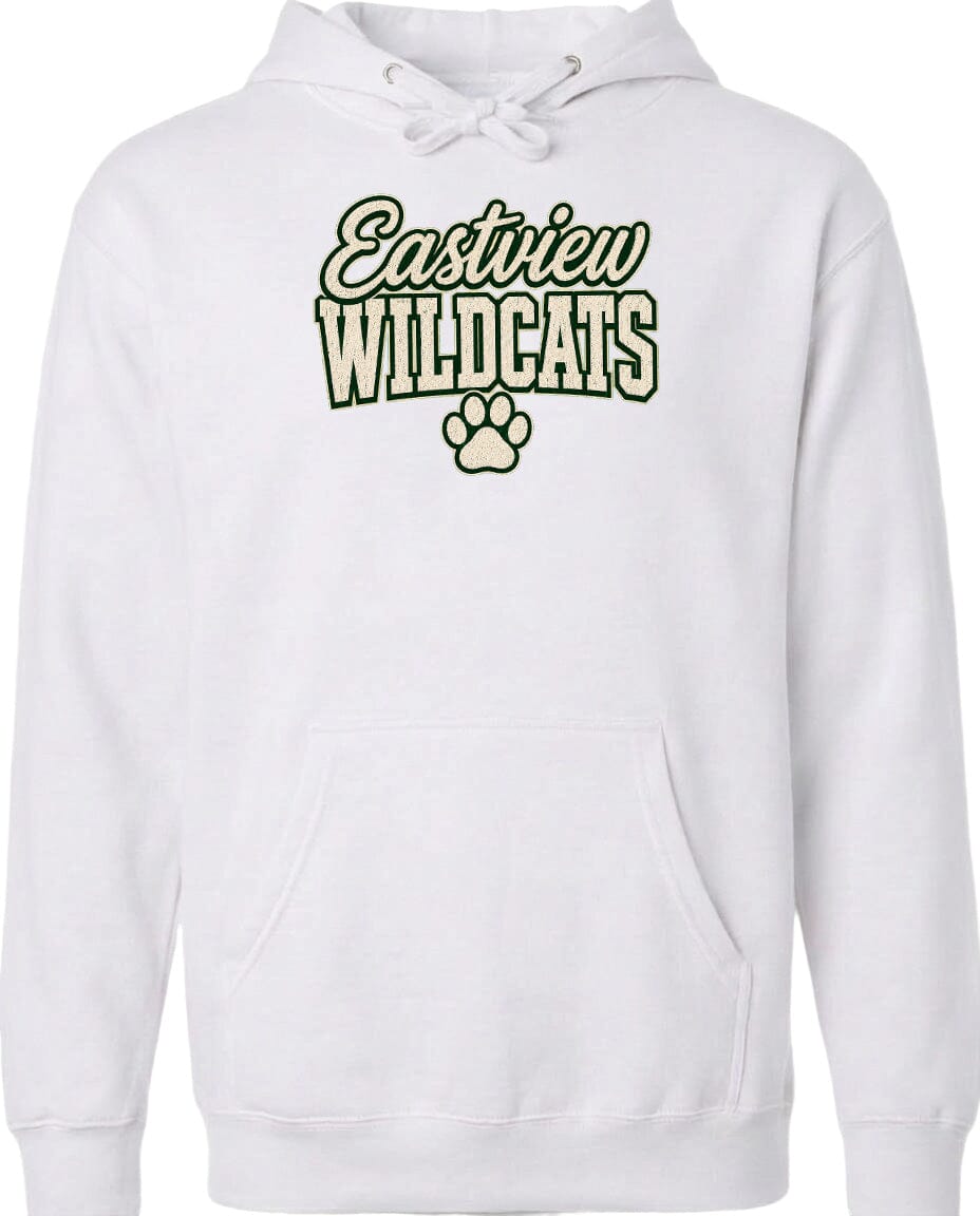 A white hoodie with the text "Eastview Wildcats" printed on it.