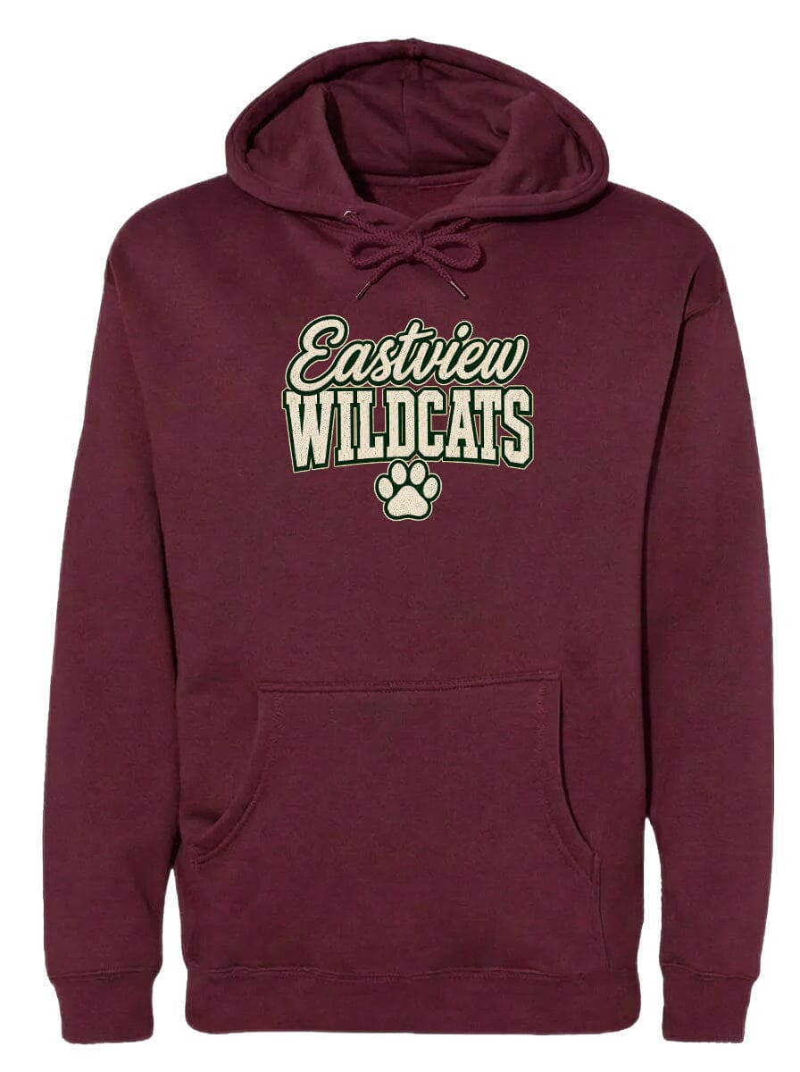 A burgundy-colored hooded sweatshirt with the text "Eastview Wildcats" printed on it.