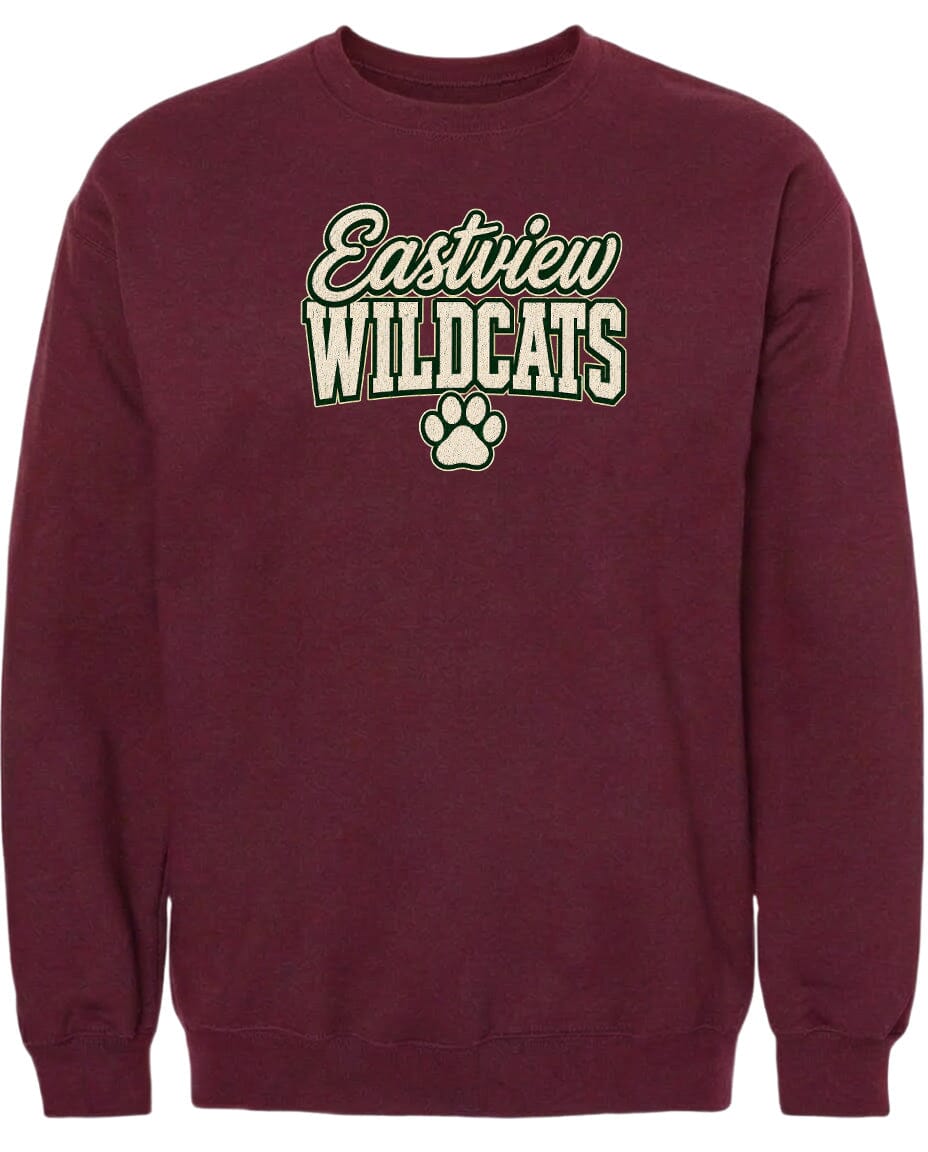 A burgundy-colored sweatshirt with the text "Eastview Wildcats" printed on it.