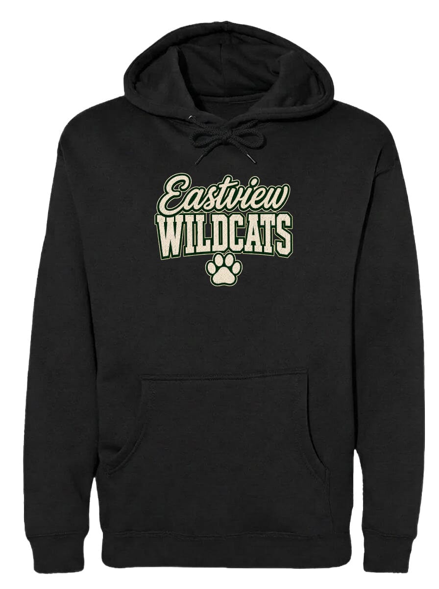 A black hoodie with the text "Eastview Wildcats" printed on it.