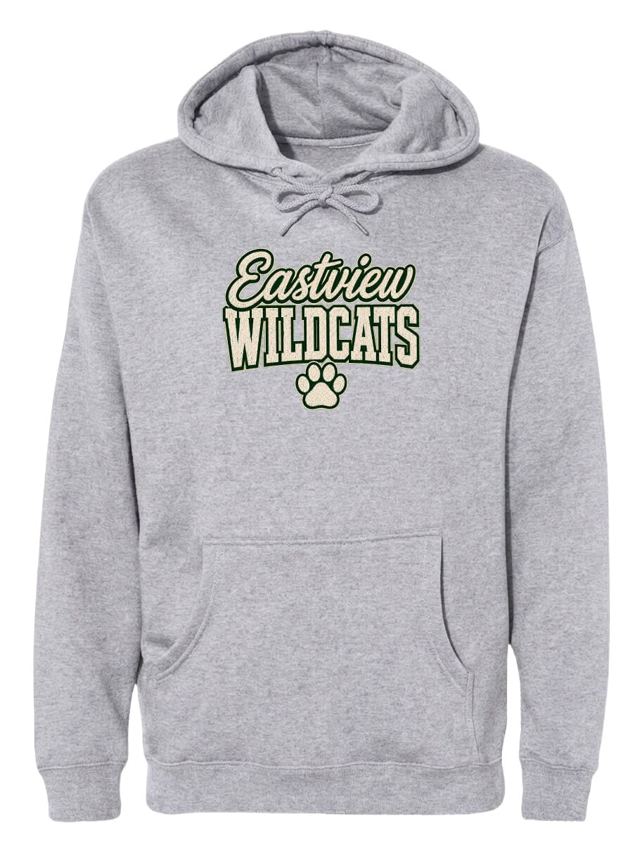 A gray hooded sweatshirt with the text "Eastview Wildcats" printed on it.
