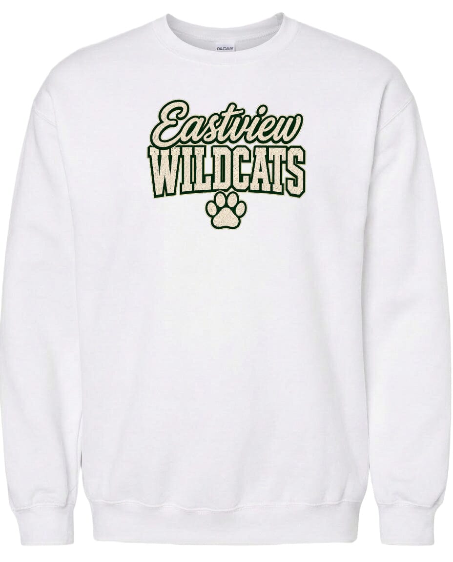 A white sweatshirt with the text "Eastview Wildcats" printed on it.