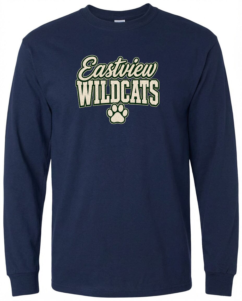 A navy blue long-sleeved shirt with the text "Eastview Wildcats" printed on it.