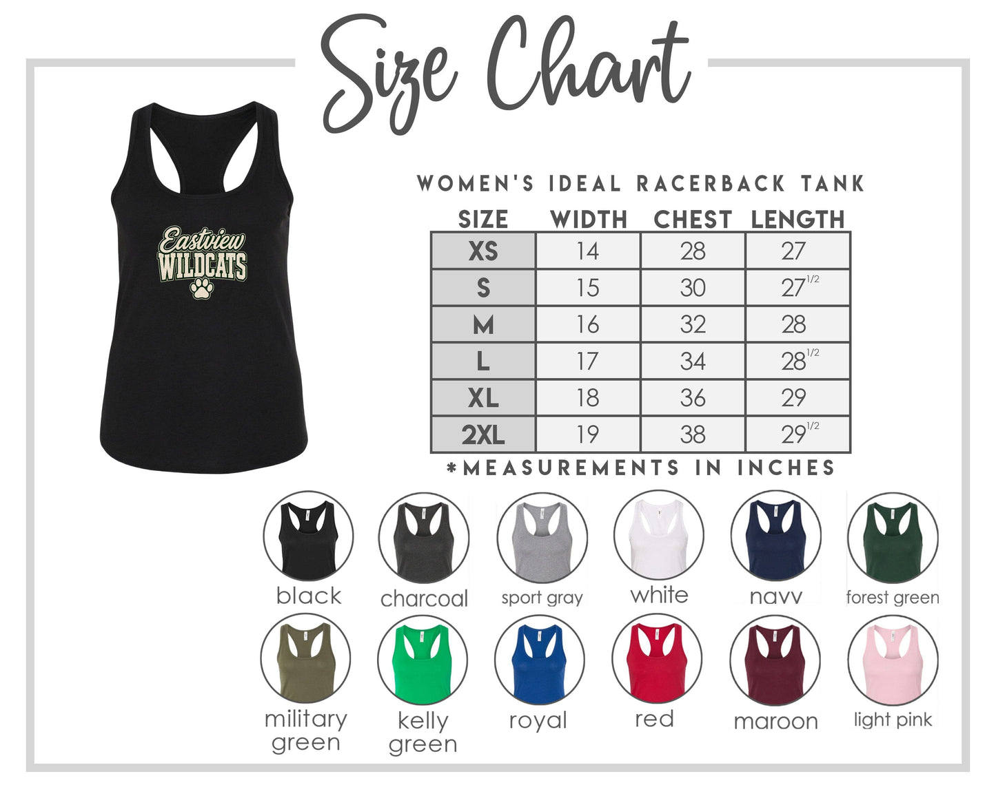 The image is a size chart for a women's ideal racerback tank, including various color options and corresponding chest measurements.