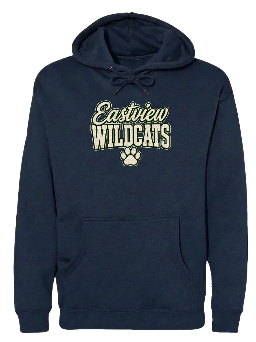 A navy blue hoodie with the text "Eastview Wildcats" printed on it.