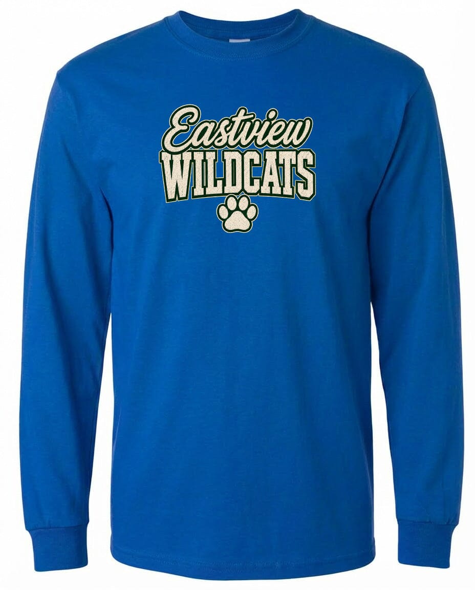 A blue long-sleeved t-shirt with the text "Eastview Wildcats" printed on it.