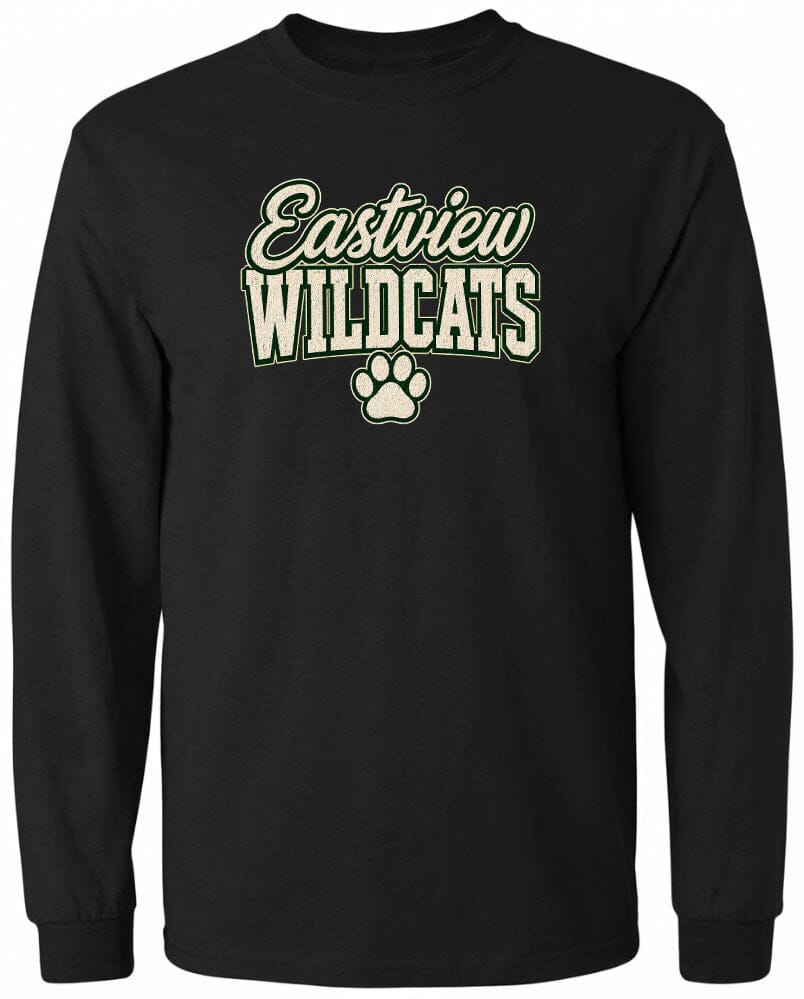 A black long-sleeved shirt with the text "Eastview Wildcats" printed on it.
