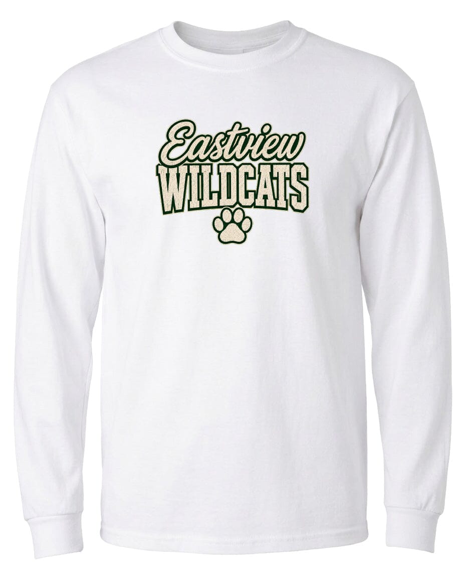 A white long-sleeved t-shirt with the text "Eastview Wildcats" printed on it.
