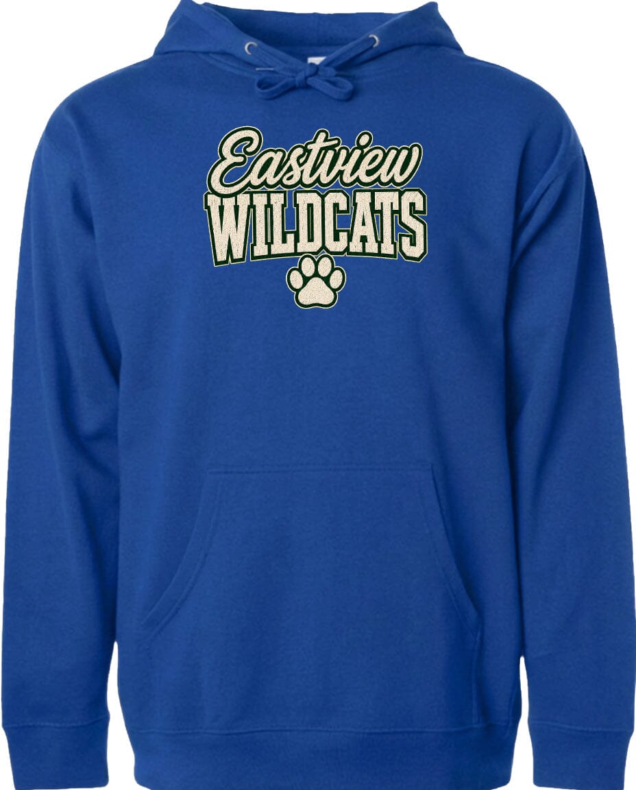 A blue hoodie with the text "Eastview Wildcats" printed on it.