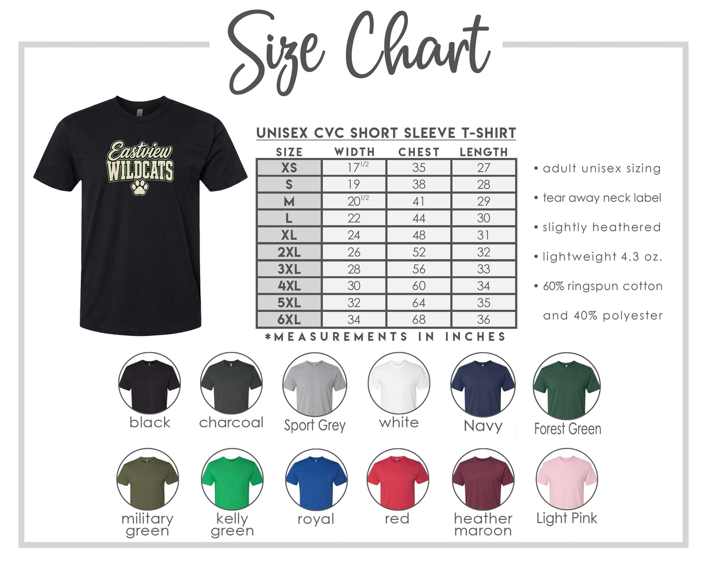 The image is a size chart for a unisex CVC short sleeve t-shirt. It includes a black t-shirt with the Eastview Wildcats logo and a variety of different colored t-shirts, each with a different size indicated.