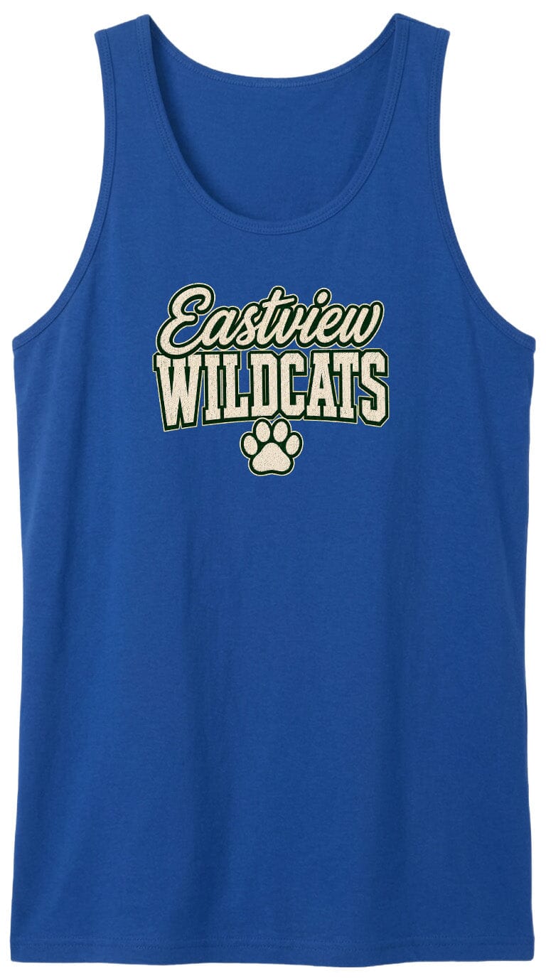 A blue tank top with the text "Eastview Wildcats" printed on it.