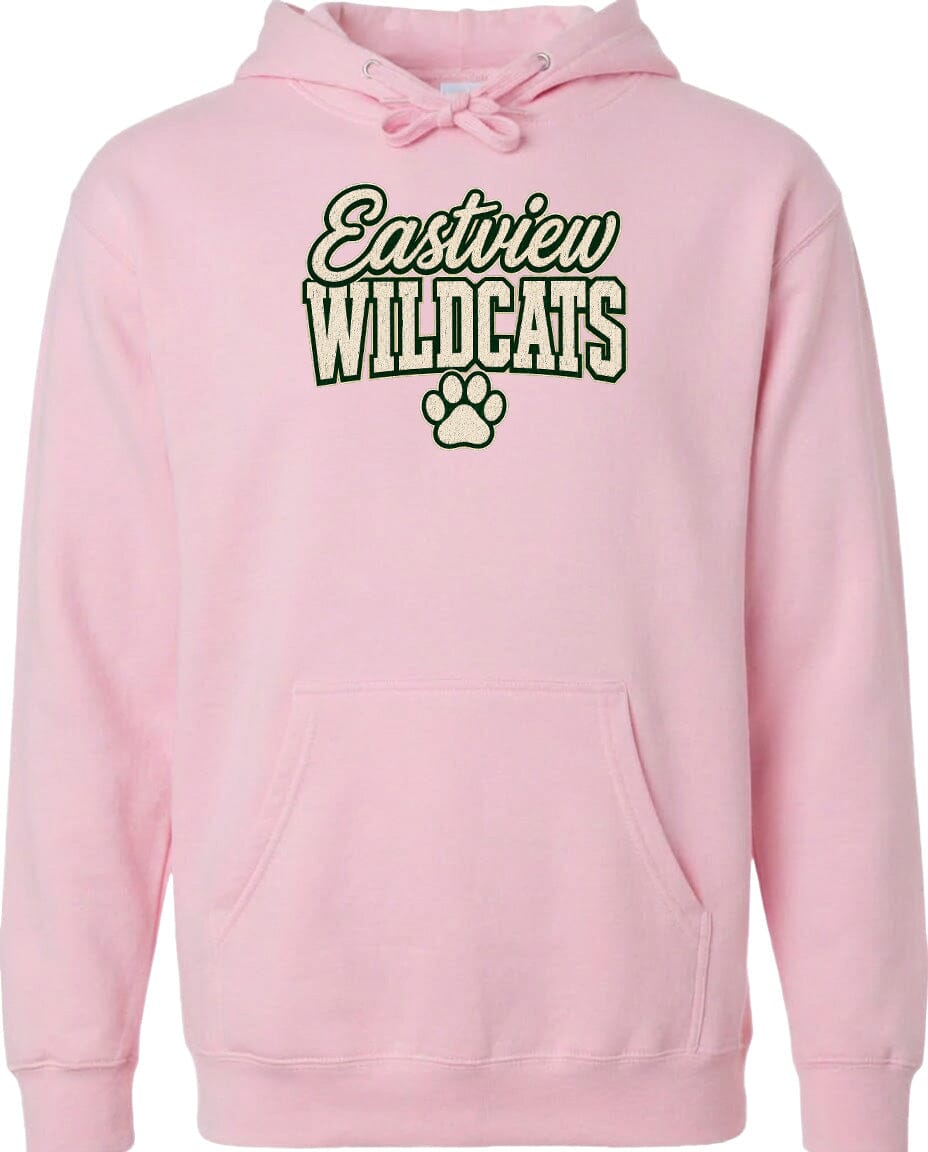 A pink hoodie with the text "Eastview Wildcats" printed on it.
