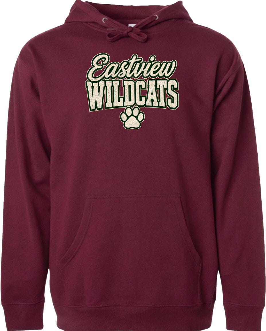 A burgundy-colored hoodie with the text "Eastview Wildcats" printed on it, along with a paw print symbol.
