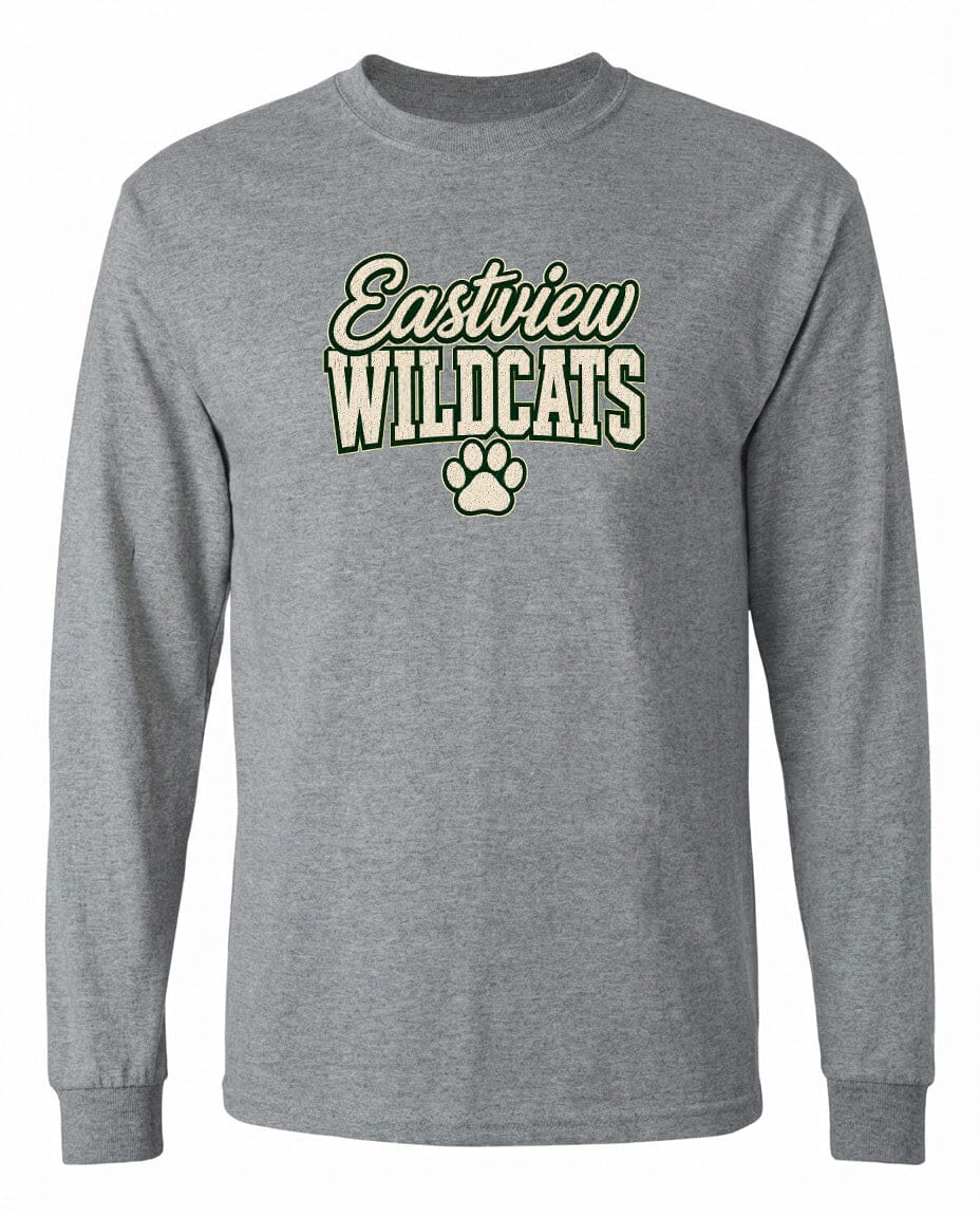 A gray long-sleeved t-shirt with the text "Eastview Wildcats" printed on it.