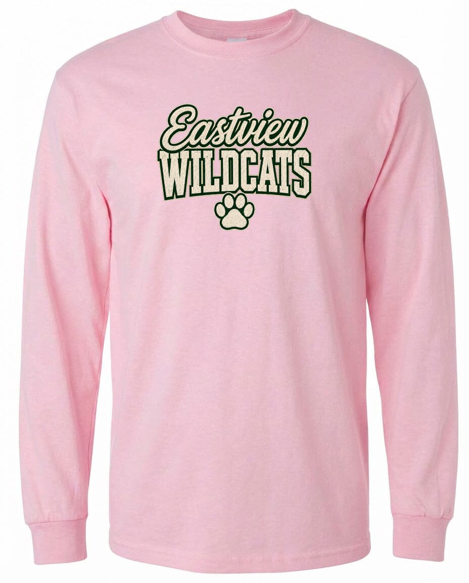 A pink long-sleeved t-shirt with the text "Eastview Wildcats" printed on it.