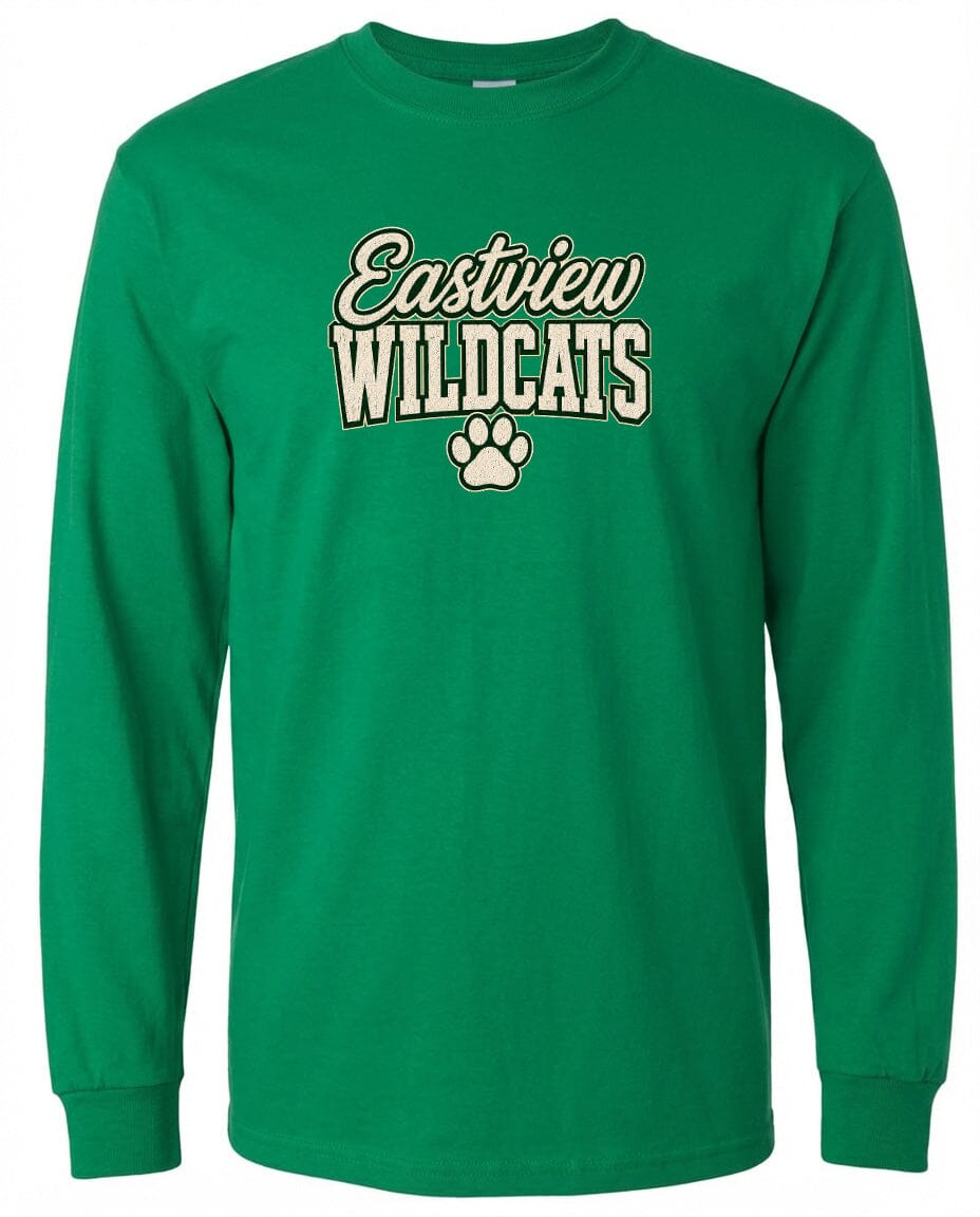 A long-sleeved green t-shirt with the text "Eastview Wildcats" printed on it.