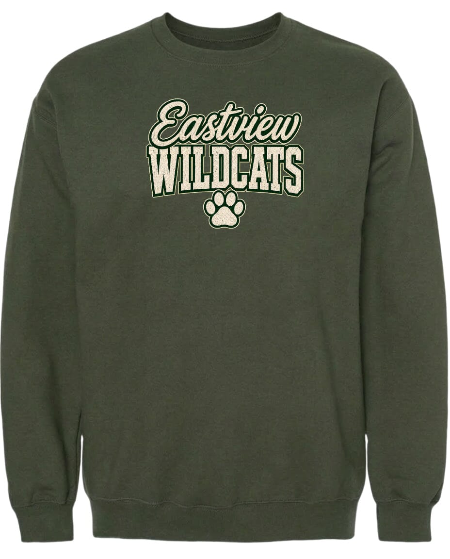 A dark green sweatshirt with the text "Eastview Wildcats" printed on it.