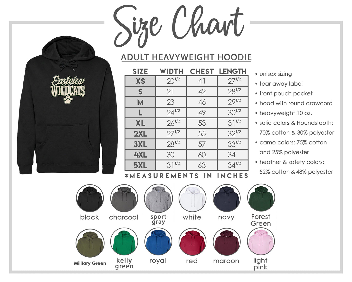The image is a size chart for an adult heavyweight hoodie, including various color options and measurements in inches.