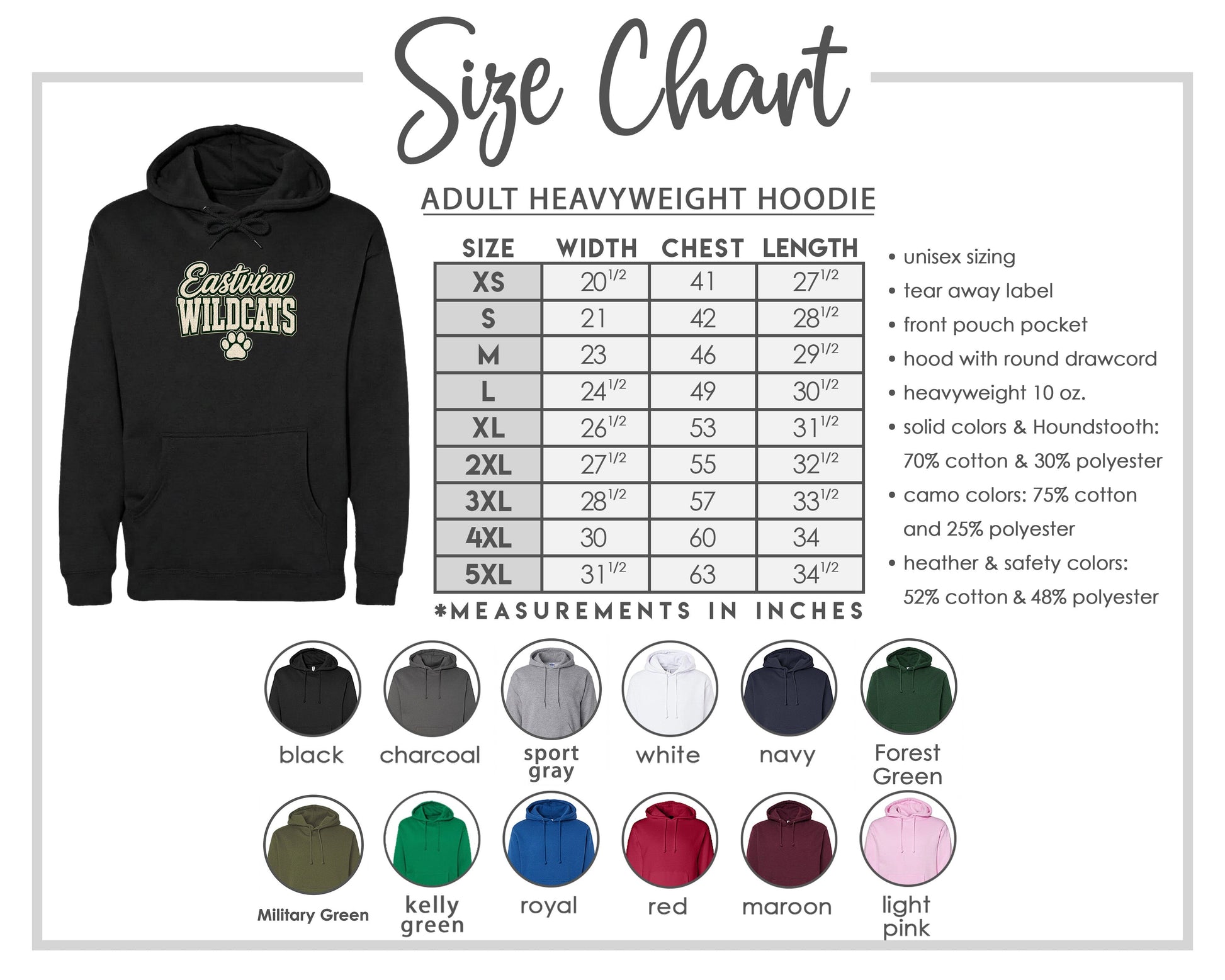 The image is a size chart for an adult heavyweight hoodie, including various color options and measurements in inches.
