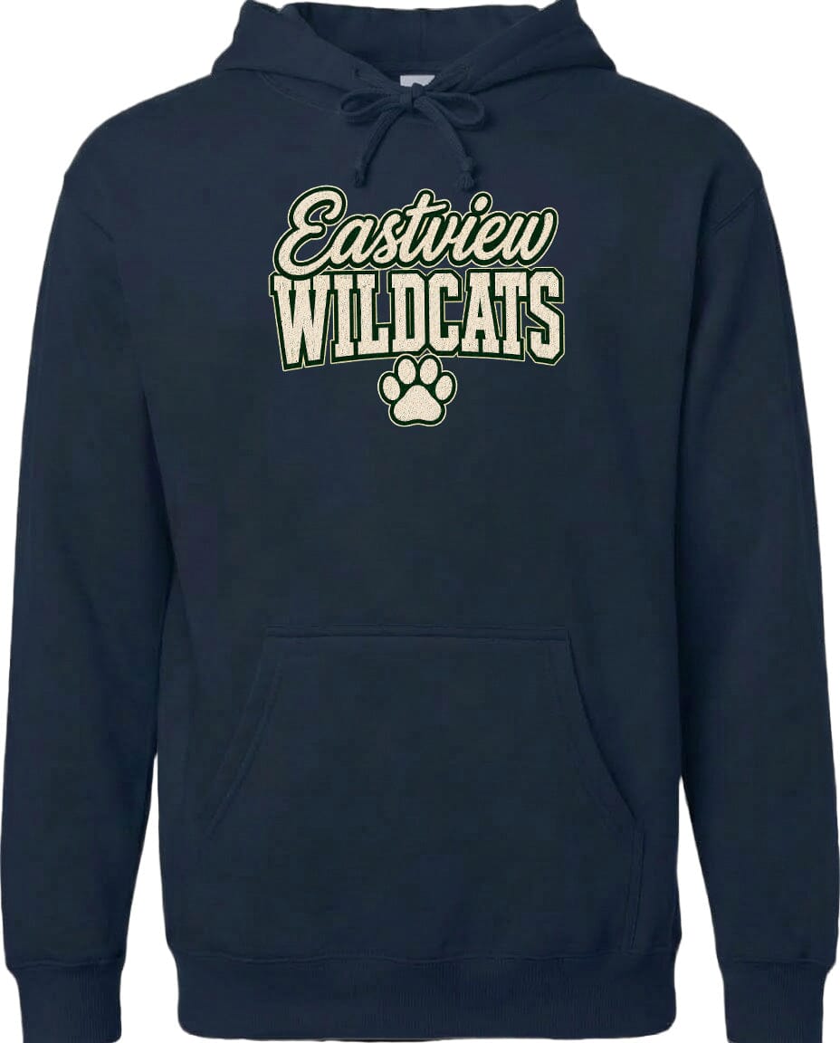 A navy blue hoodie with the text "Eastview Wildcats" printed on it.