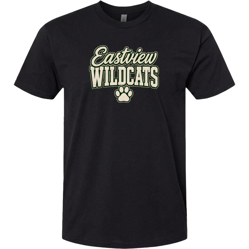 A black t-shirt with the text "Eastview Wildcats" printed on it.
