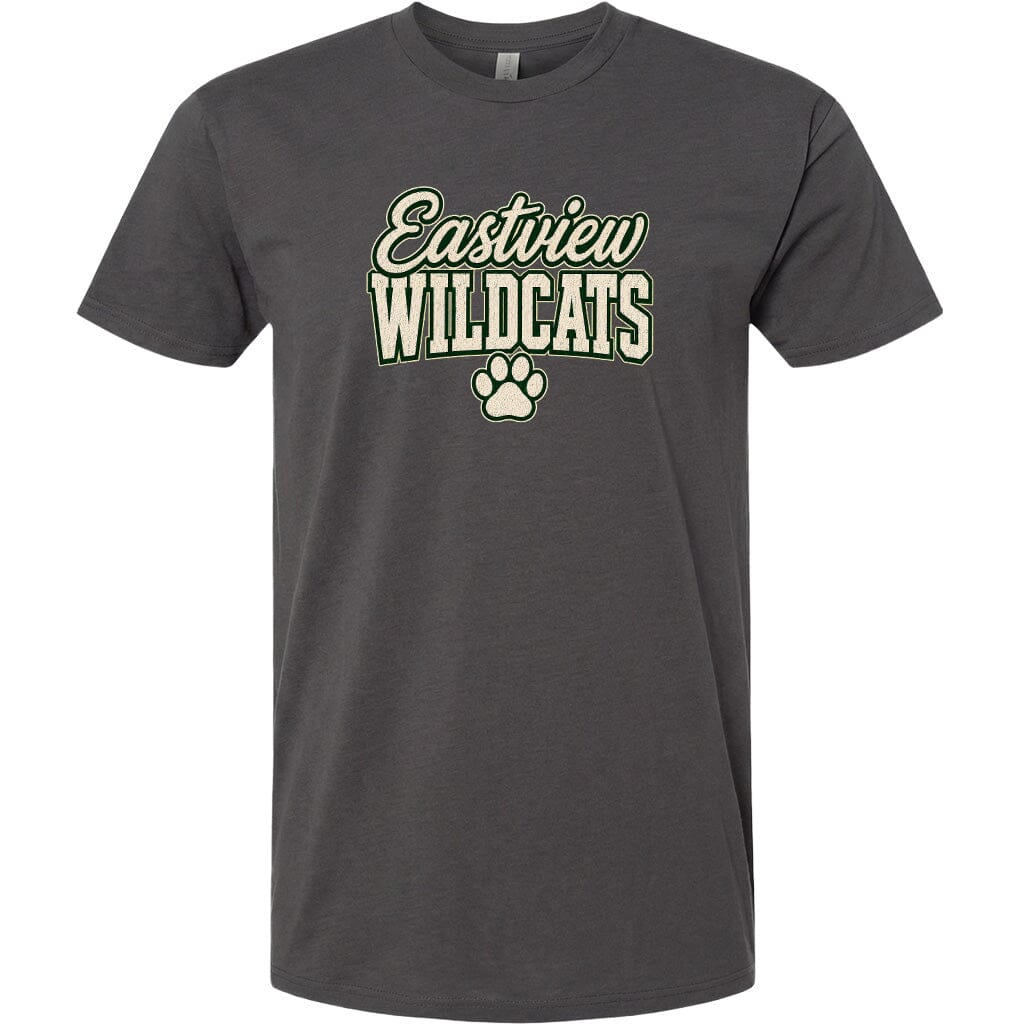A gray t-shirt with the text "Eastview Wildcats" printed on it.