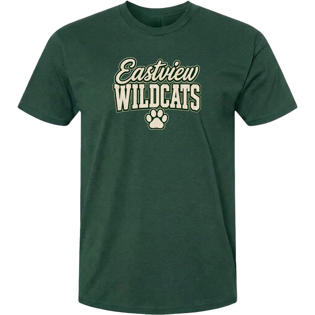 A dark green t-shirt with the text "Eastview Wildcats" printed on it.