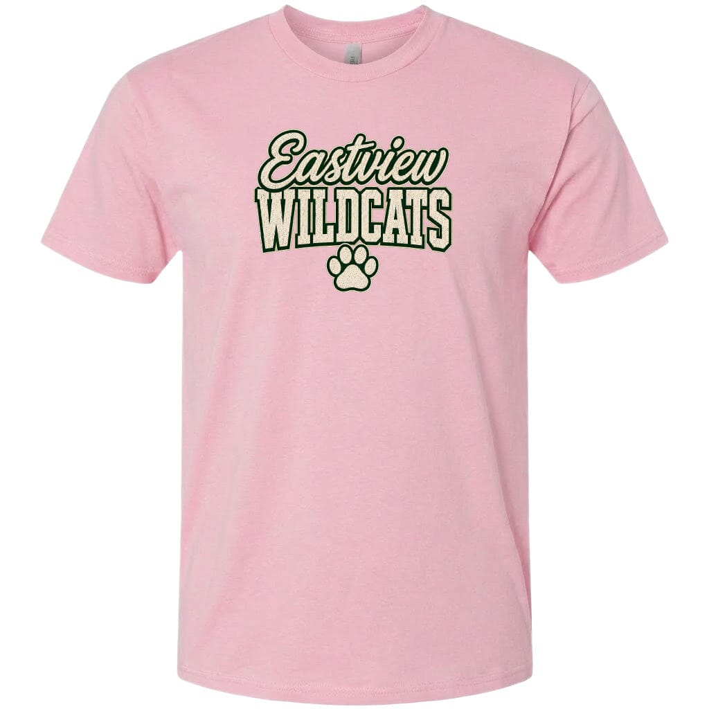A pink t-shirt with the text "Eastview Wildcats" printed on it.