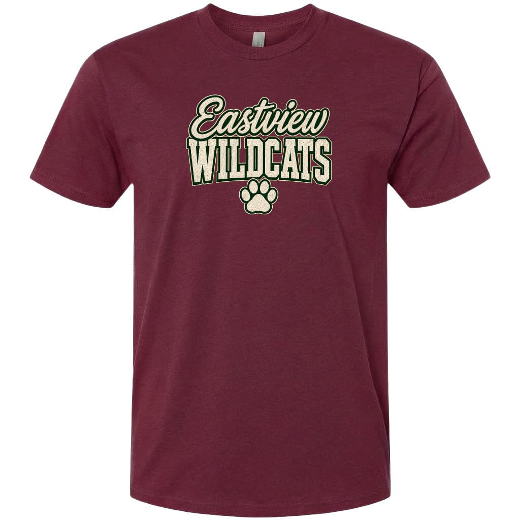 A burgundy-colored t-shirt with the text "Eastview Wildcats" printed on it.