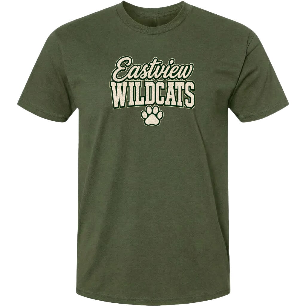A green t-shirt with the text "Eastview Wildcats" printed on it.