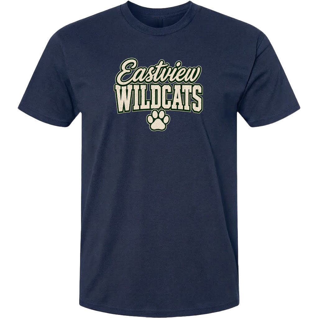 A navy blue t-shirt with the text "Eastview Wildcats" printed on it.