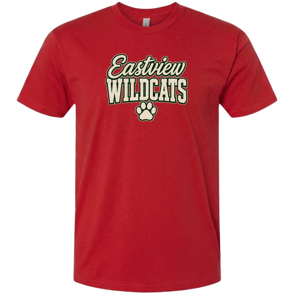 A red t-shirt with the text "Eastview Wildcats" printed on it.