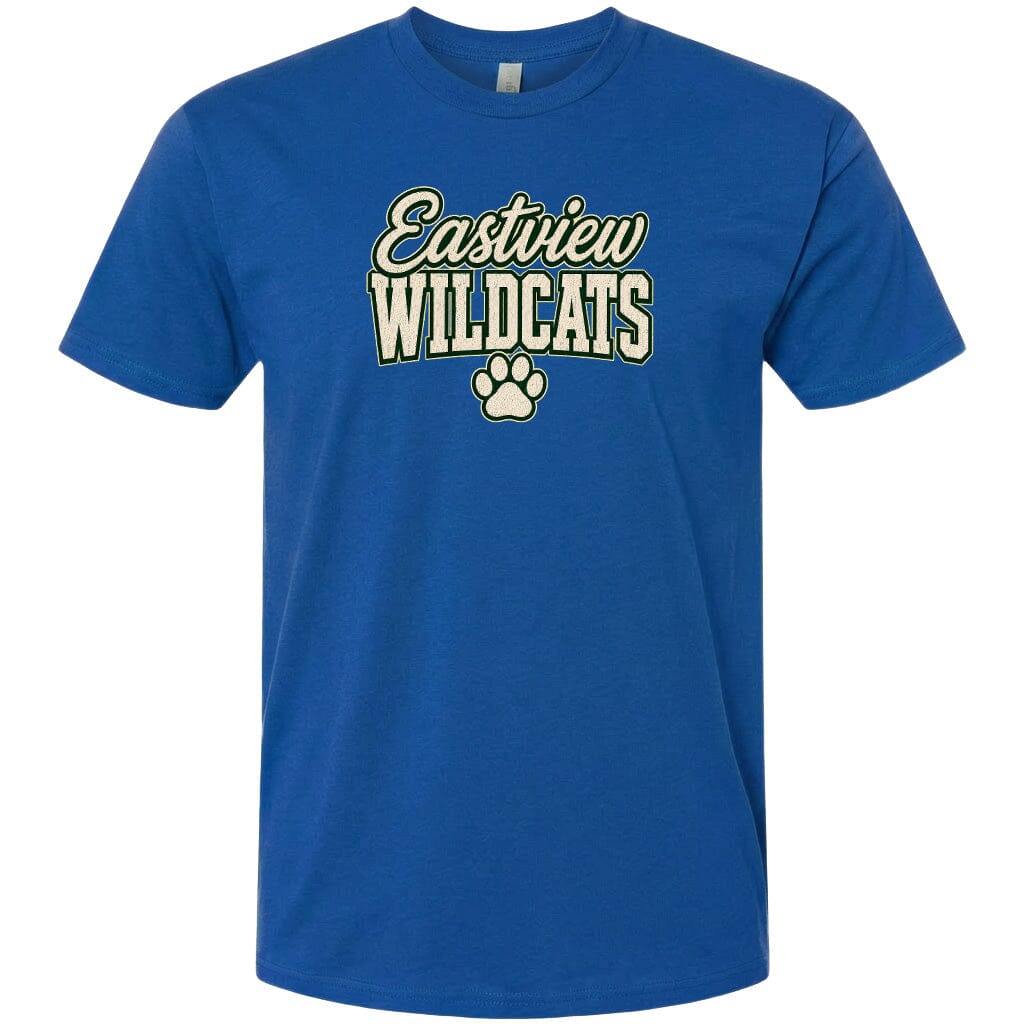 A blue t-shirt with the text "Eastview Wildcats" printed on it.