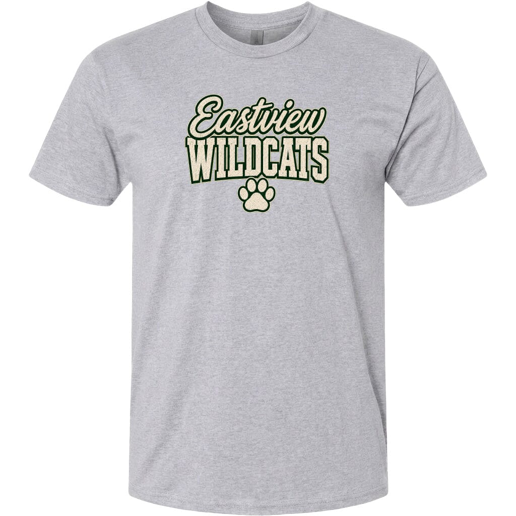 A gray t-shirt with the text "Eastview Wildcats" printed on it.
