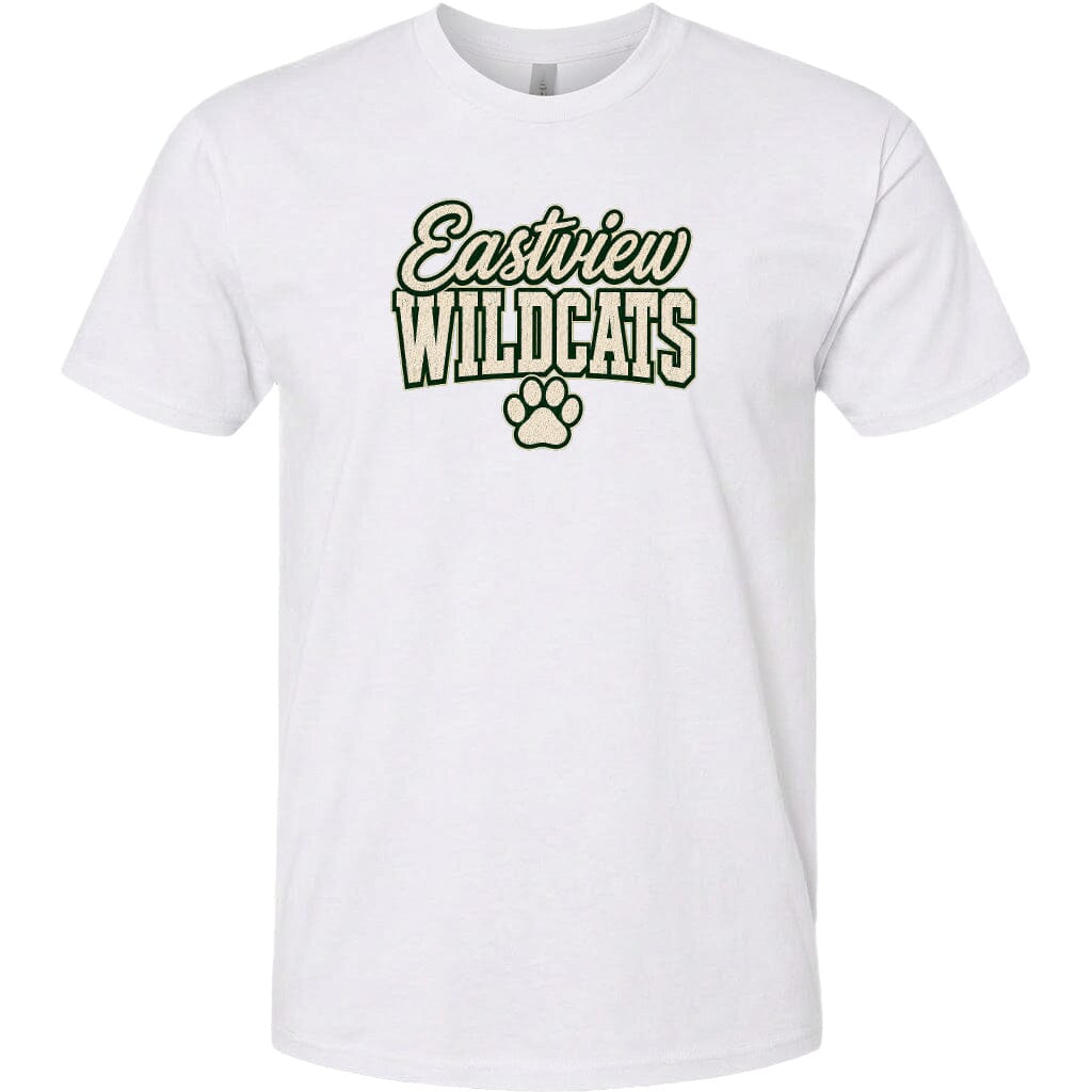 A white t-shirt with the text "Eastview Wildcats" printed on it.