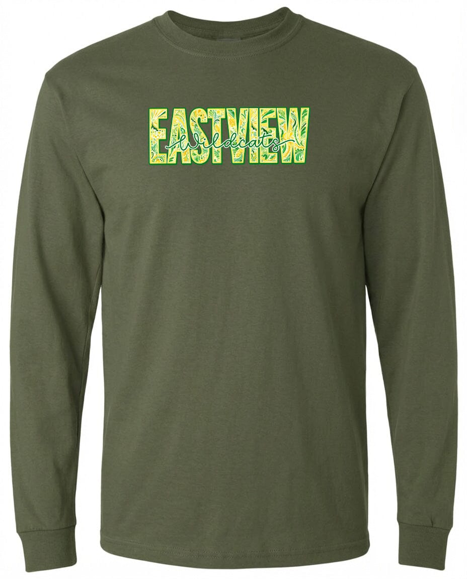 A dark green long-sleeved t-shirt with the word "EASTVIEW" printed on it in a stylized font.