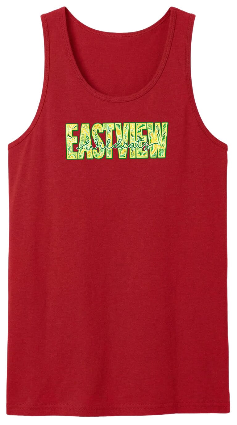 A red tank top with the word "EASTVIEW" printed on it in a stylized font.