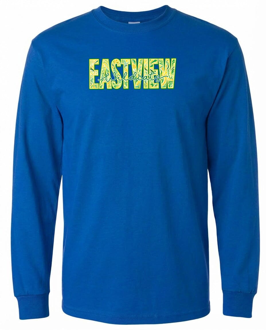 A blue long-sleeved t-shirt with the text "EASTVIEW" printed on it in yellow.