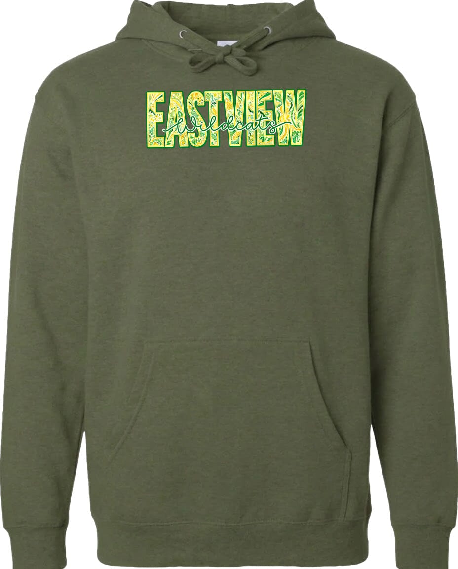 A green hoodie with the word "EASTVIEW" printed on it in a stylized font.