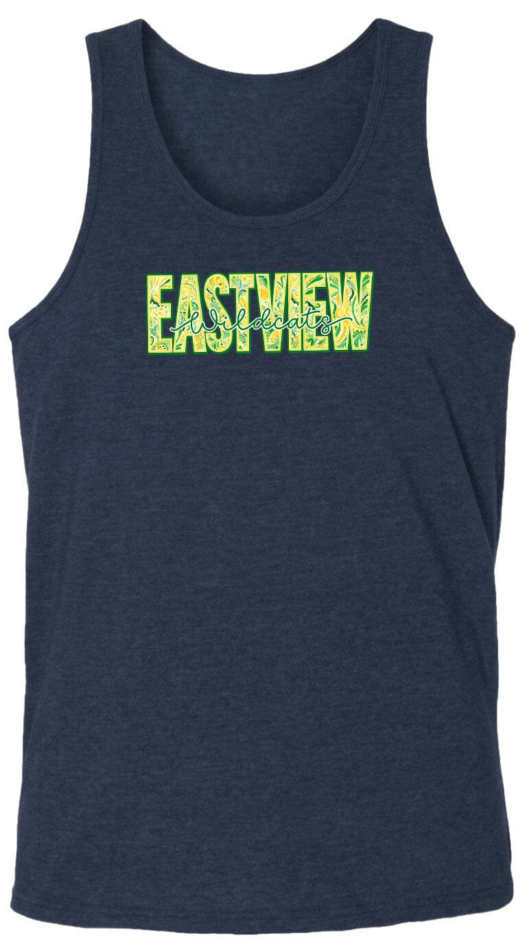 A dark blue tank top with the word "EASTVIEW" printed in a stylized font.