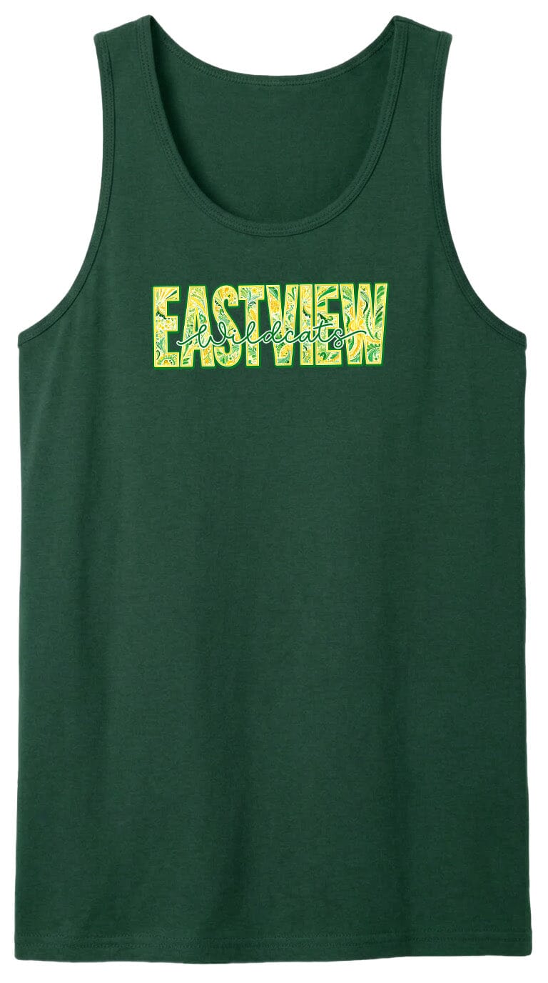 A dark green tank top with the word "EASTVIEW" printed on it in a stylized font.