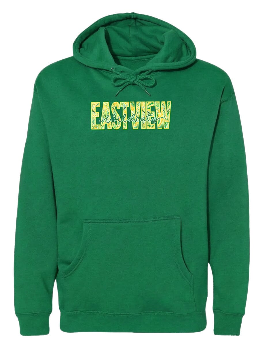 A green hoodie with the word "EASTVIEW" printed on it in yellow letters.