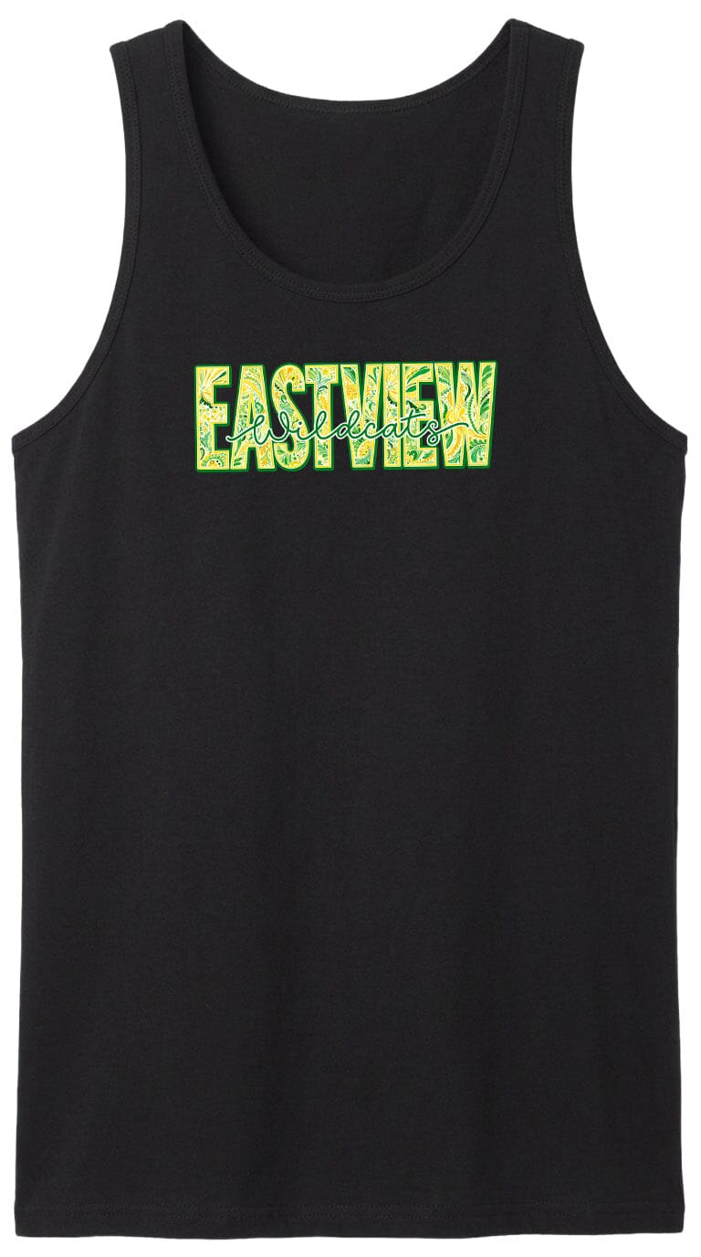 A black tank top with the word "EASTVIEW" printed on it in a stylized font.