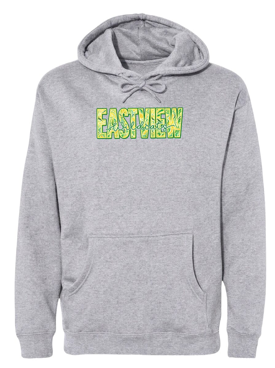 A gray hooded sweatshirt with a large green and yellow logo on the front.
