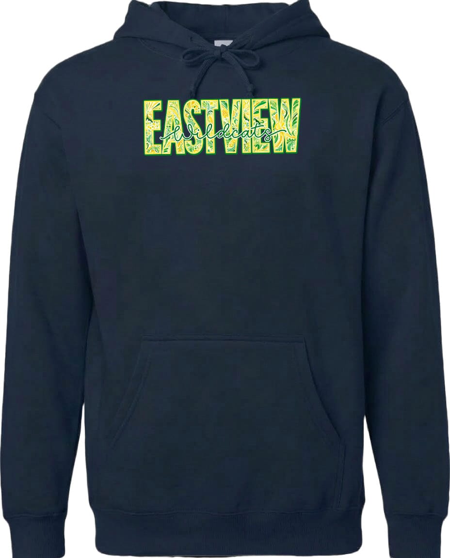 A navy blue hoodie with the word "EASTVIEW" printed in yellow letters across the front.