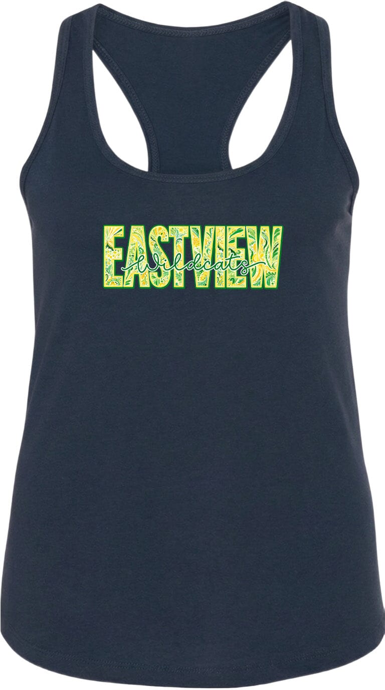 A navy blue tank top with the word "EASTVIEW" printed in yellow letters.