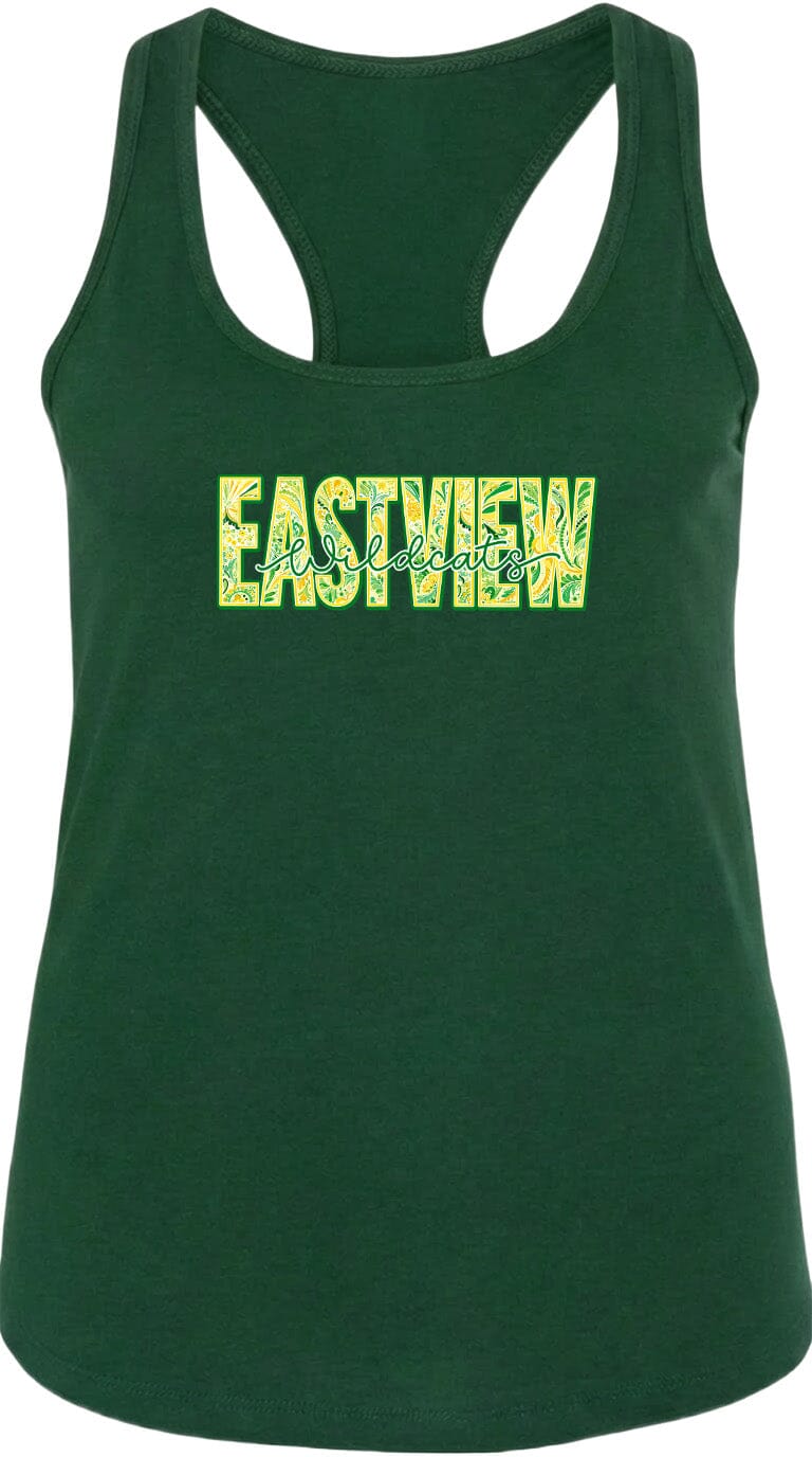A green tank top with the word "EASTVIEW" printed on it in a stylized font.