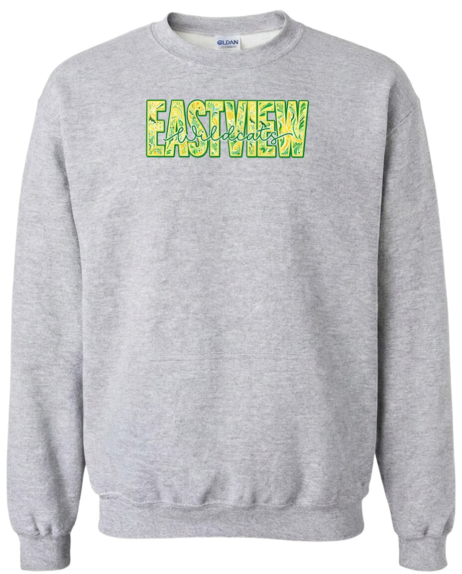 A gray sweatshirt with a large, colorful logo on the front.